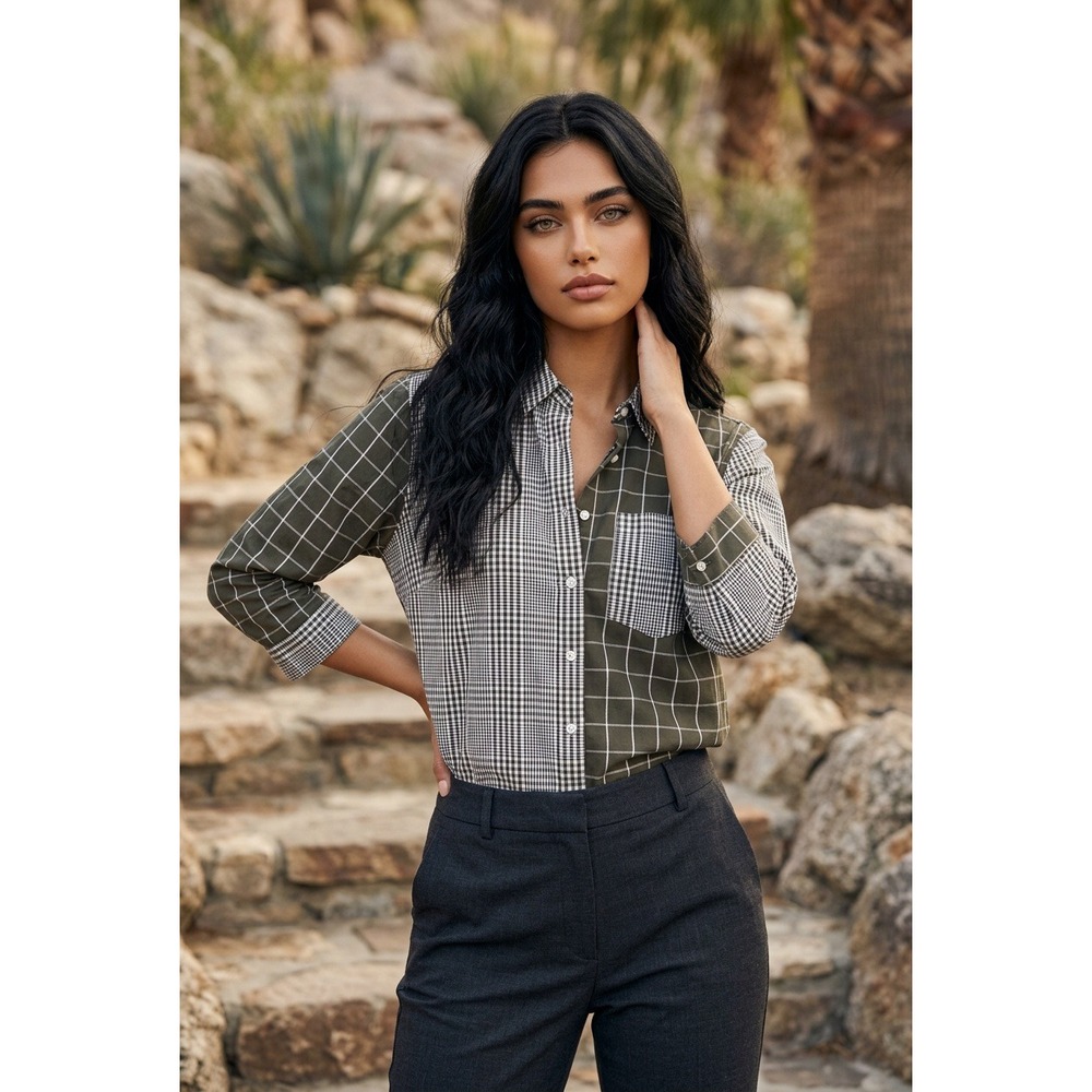 Lands End‎ 8 Mixed Plaid Supima Cotton Button Down Tunic Shirt Green White